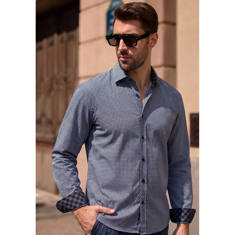 Tallia Mens Dress Shirt Geometric Print Navy Blue 100% Cotton Size L 16.5